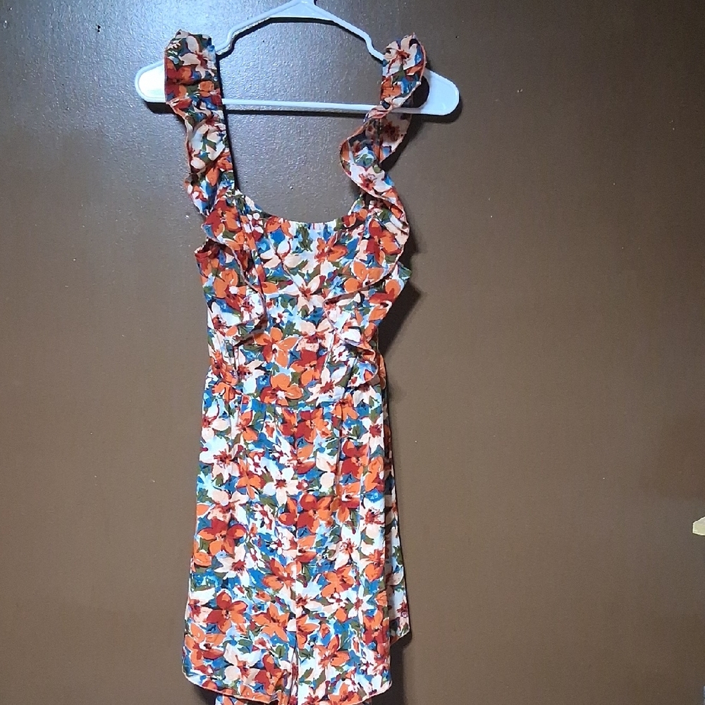 SHEIN Floral Ruffle Strap Romper - Red and Orange